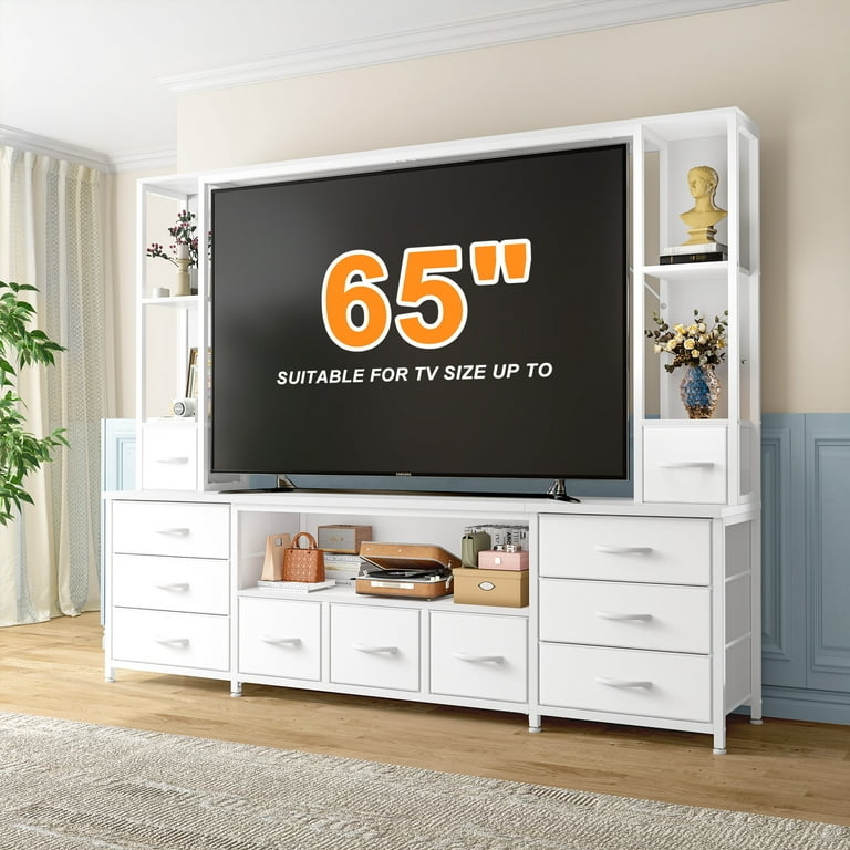 White Entertainment Center Wall Unit with Eleven Fabric Drawers