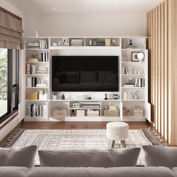 White Entertainment Center with Extensive Shelving and Built-in Look