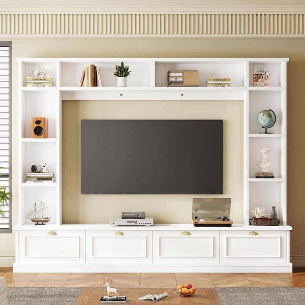 White Entertainment Center with Symmetrical Shelving, Transitional Wall Unit