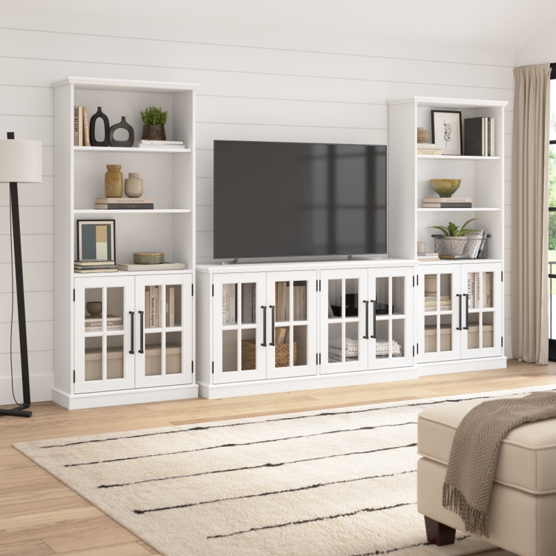 White Entertainment Center with Tall Bookcase Piers and Mullion Doors
