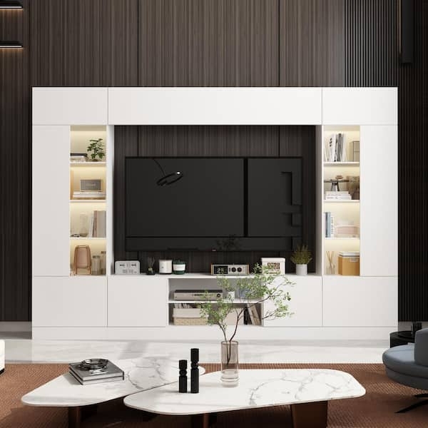 White Entertainment Center Wrap Around Design Illuminated Shelving