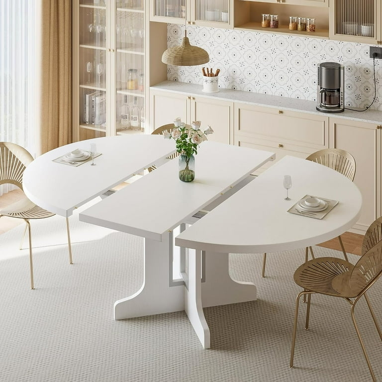 White Extendable Dining Table Round to Oval Cross-Pedestal Base Gold