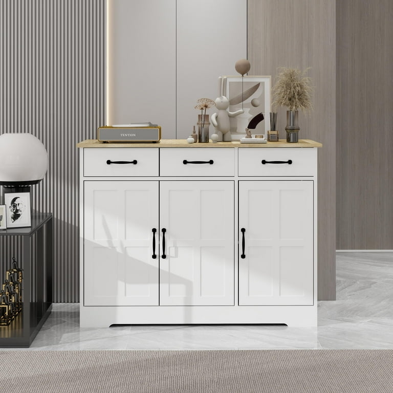 White Farmhouse Buffet Cabinet with Wood Top and 3 Drawers