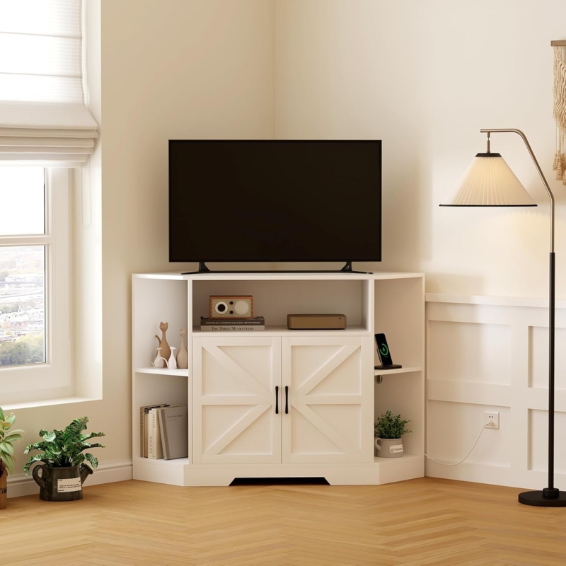 White Farmhouse Corner TV Stand with Highboy Height and X-Brace Doors