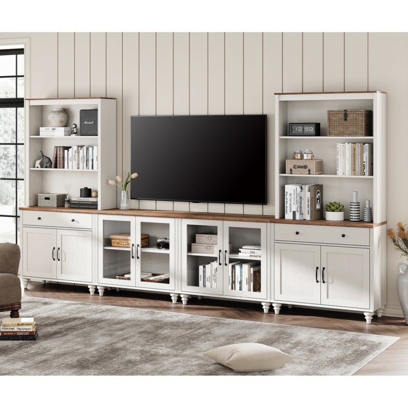 White Farmhouse Entertainment Center Wood Topped Bun Feet