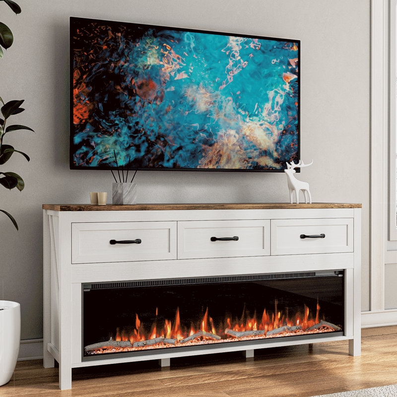 White Farmhouse Fireplace TV Stand with X-Frame Sides and Three Drawers