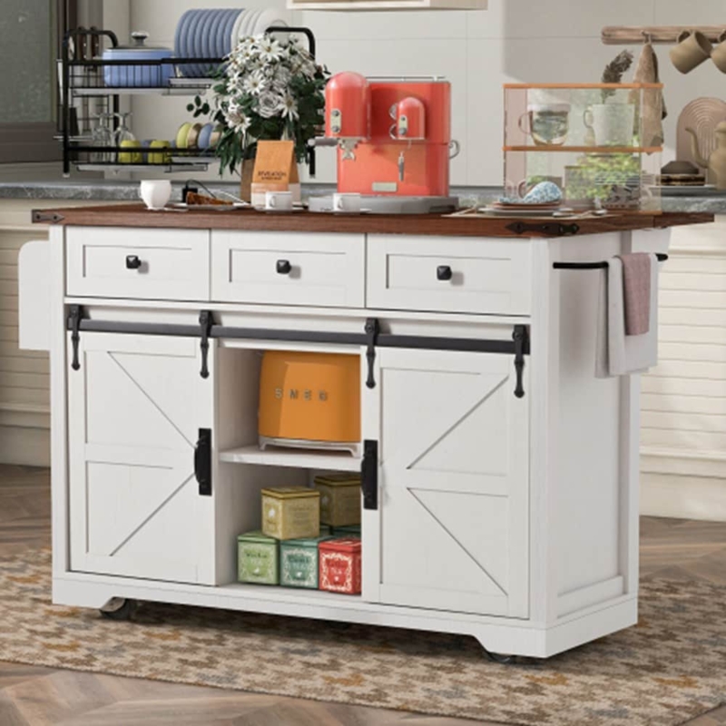 White Farmhouse Island with Sliding Barn Doors & Appliance Cubby