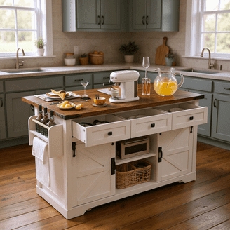 White Farmhouse Kitchen Island with Sliding Barn Doors