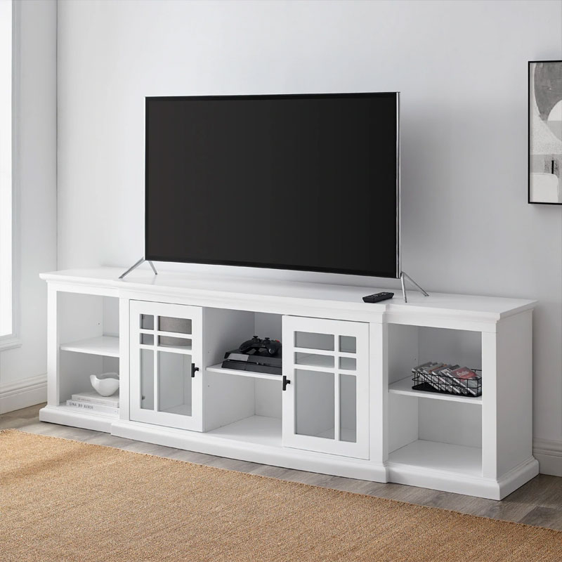 White Farmhouse TV Cabinet with Windowpane Glass Doors