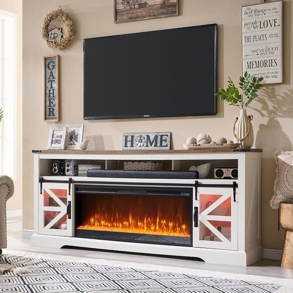 White Farmhouse TV Stand Electric Fireplace Barn Doors Glass Inserts