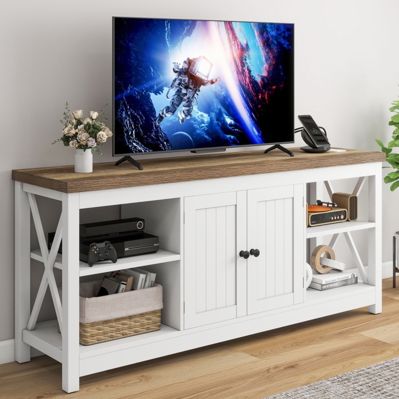 White Farmhouse TV Stand with Beadboard Doors and Wood Top