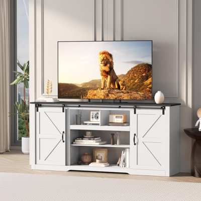 White Farmhouse TV Stand with Contrast Top and Sliding Barn Doors