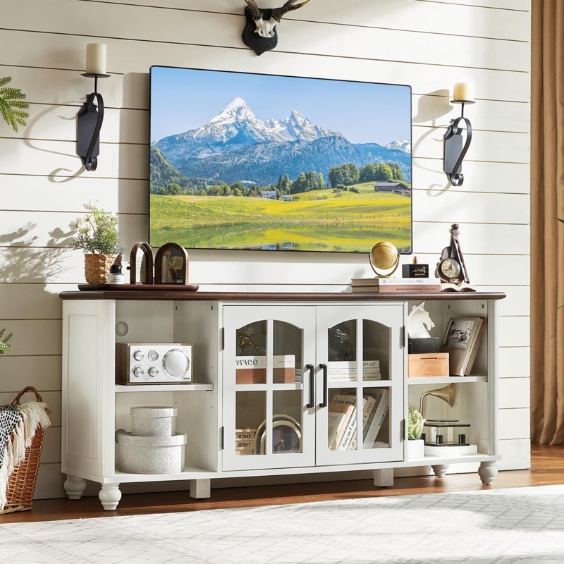 White Farmhouse TV Stand with Mullioned Glass Doors and Wood Top