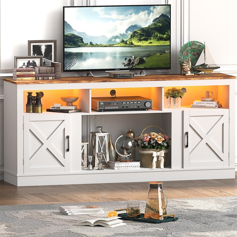 White Farmhouse TV Stand Wood Top Warm LED Barn Door X-Brace Console