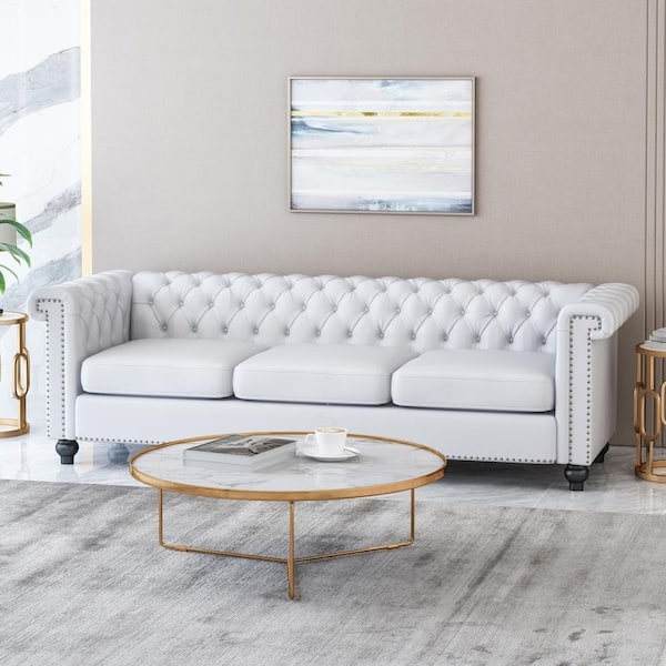 White Faux Leather Chesterfield Sofa Nailhead Trim Glam Living Room
