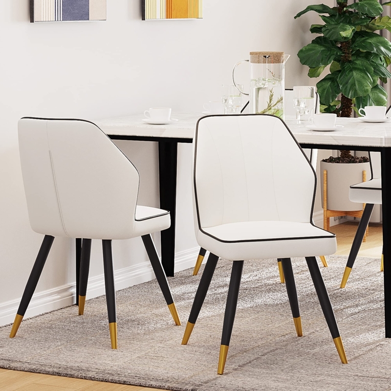White Faux Leather Dining Chairs with Gold-Tipped Metal Legs
