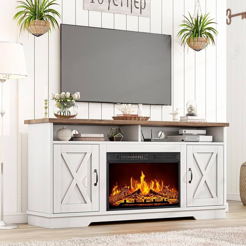 White Fireplace TV Stand Rustic Oak Top Barn Doors Media Center