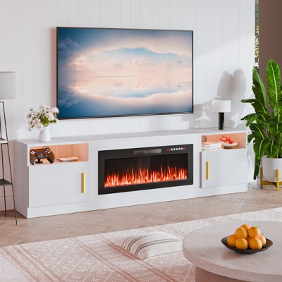 White Fireplace TV Stand with Illuminated Shelving and Gold Handles