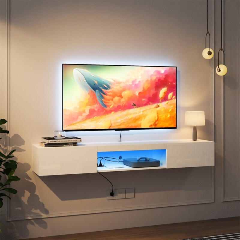 White Floating TV Stand Integrated Blue LEDs Open Media Shelf