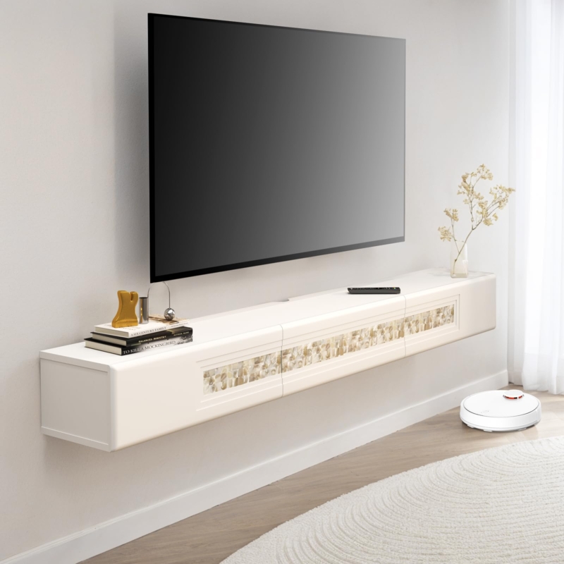 White Floating TV Stand Mosaic Inlay Handleless Media Console