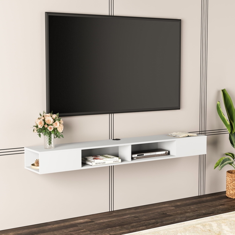White Floating TV Stand with Asymmetrical Storage, Matte Finish