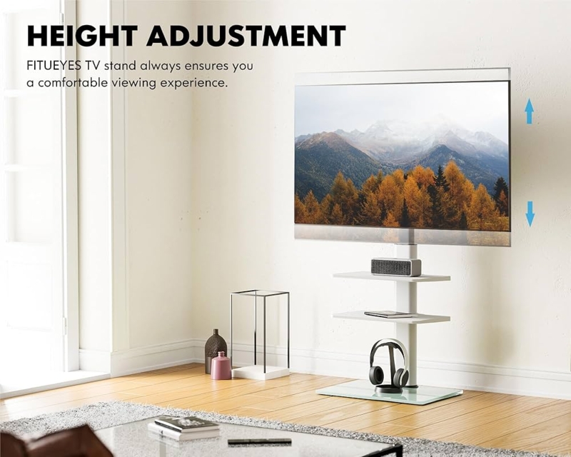 White Floor TV Stand Glass Base Shelves Pedestal