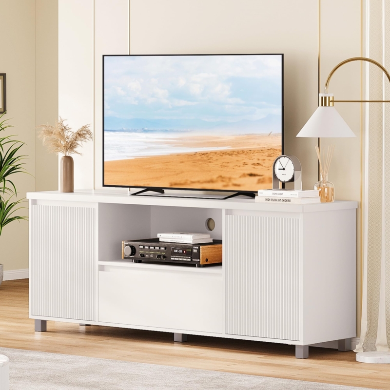 White Fluted TV Stand with Matte Finish and Metallic Legs Minimalist