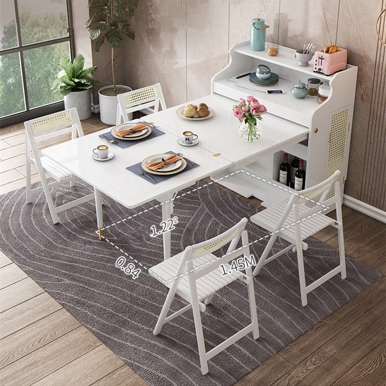 White Folding Dining Table Integrated Hutch Woven Cane Accents