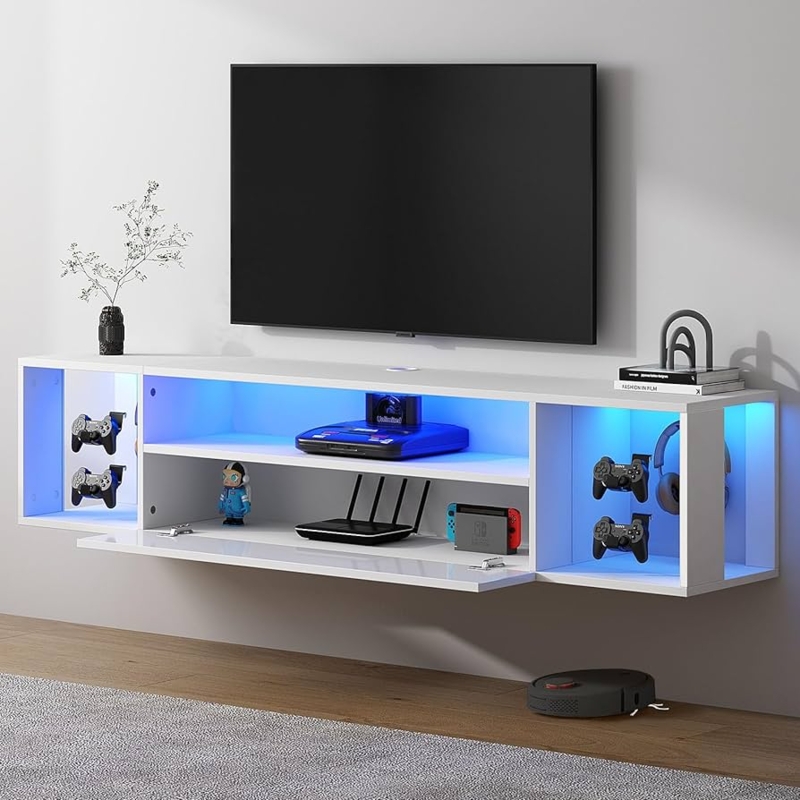 White Gaming Floating TV Stand Integrated Controller Hooks Blue LED