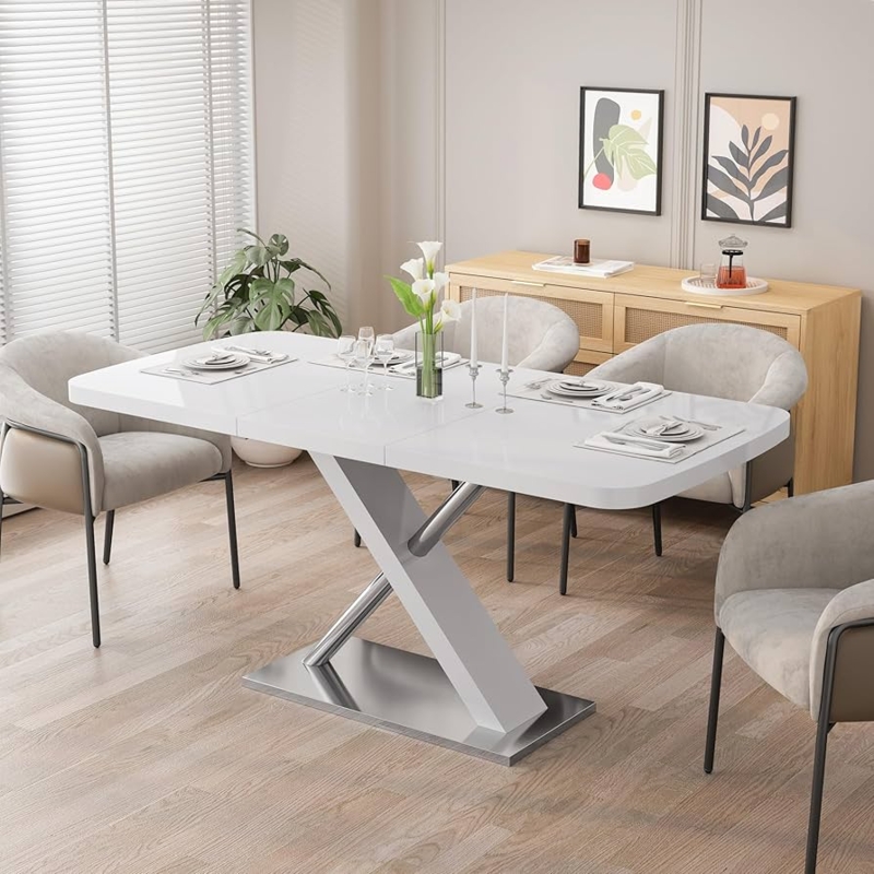 White Glossy Dining Table with Extendable Top and X-Shaped Pedestal
