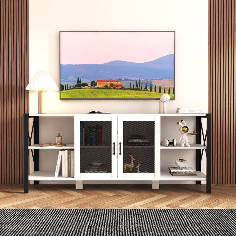 White Industrial TV Stand Metal Mesh Doors