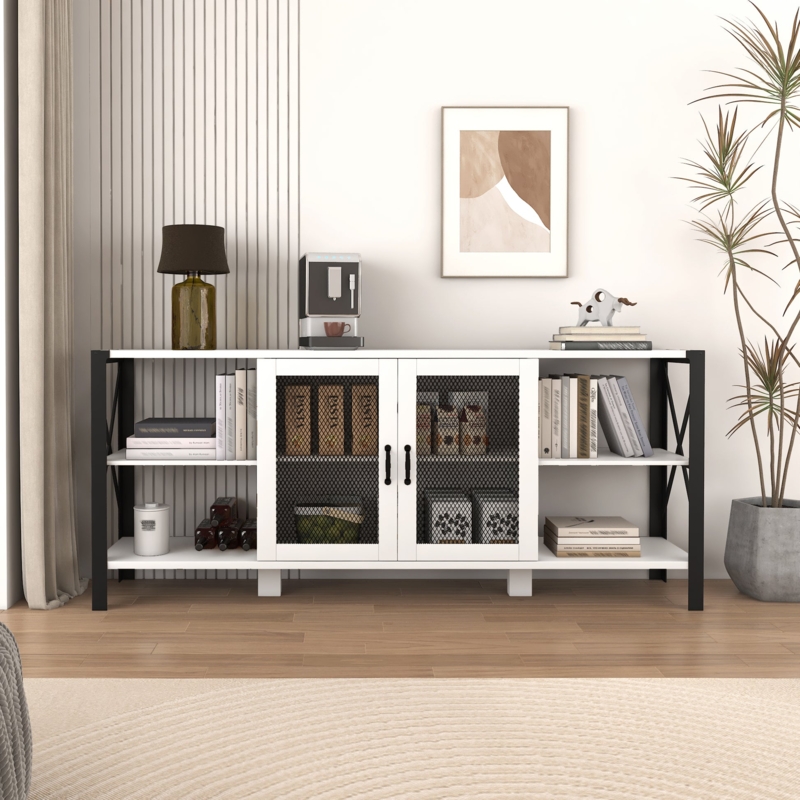 White industrial TV stand with mesh doors and long profile.