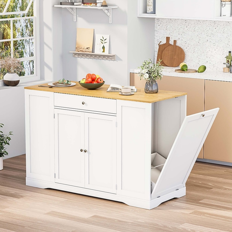White Island with Tilt Out Trash Cabinet, Spice Rack