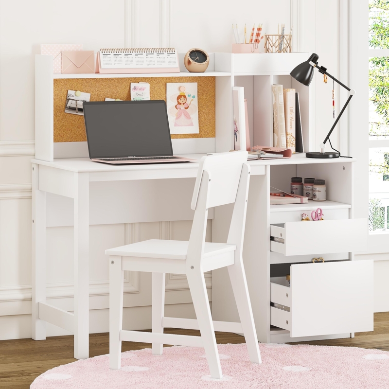 White Kids Desk And Chair Set Corkboard Hutch Drawers Slat Back