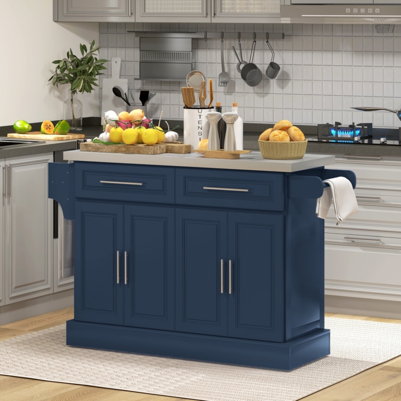 White Kitchen Cart with Stainless Steel Top and Slatted Shelf