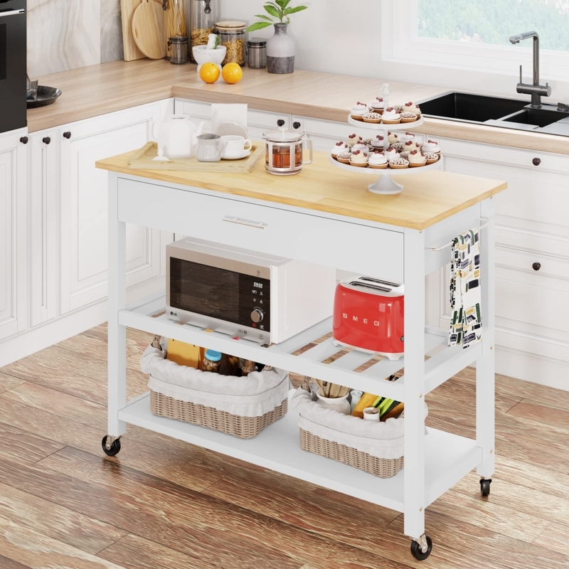 White Kitchen Island Cart, Butcher Block Top, Slatted Shelf