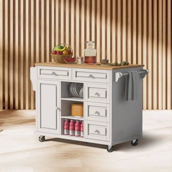White Kitchen Island Cart featuring Five-Drawer Storage Configuration
