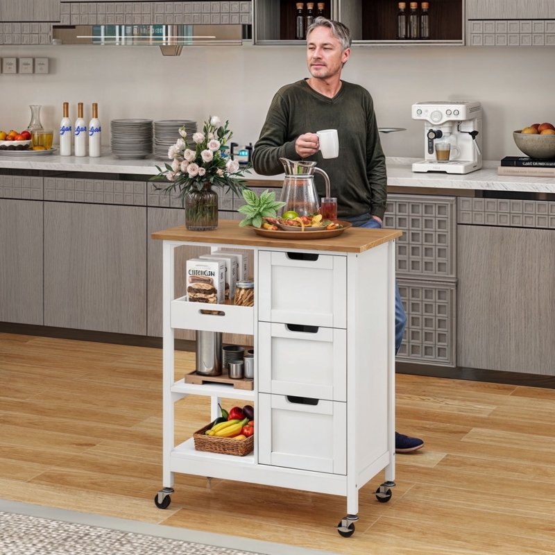 White Kitchen Island Cart featuring Tiered Open Shelving and Wood Top.