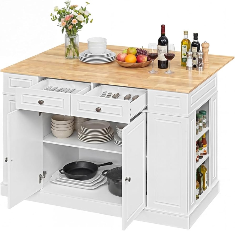 White Kitchen Island Drop Leaf with Side Spice Rack Butcher Block Top