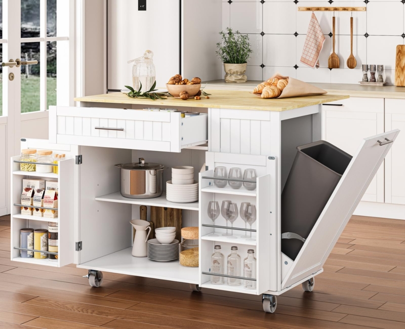 White Kitchen Island with Tilt-Out Trash Bin & Spice Racks