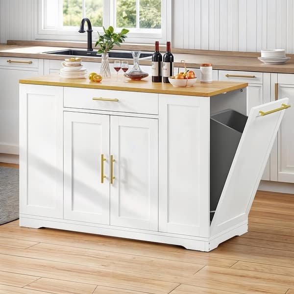 White Kitchen Island with Trash Bin and Gold Hardware, Rolling Cart