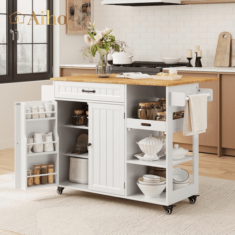 White Kitchen Storage Cart with Integrated Spice Rack Door Feature