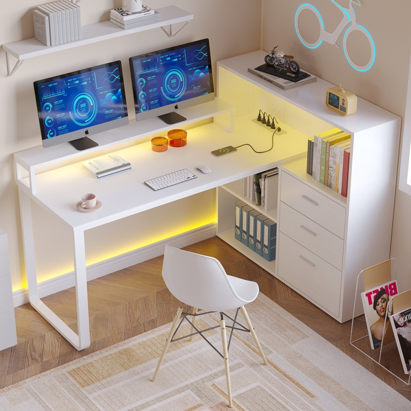 White L-Shaped Desk Storage with Monitor Riser and Integrated LED