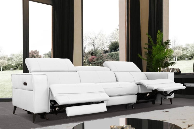 White Leather Reclining Sofa with Adjustable Headrests