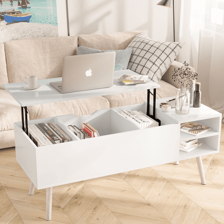 White Lift Top Coffee Table with Side Open Shelving