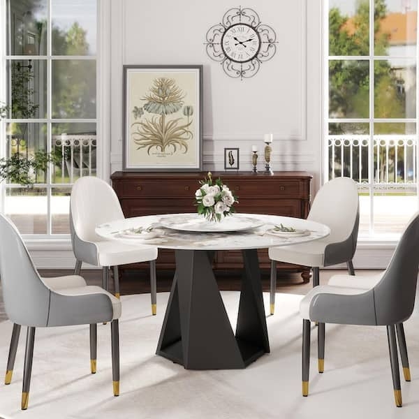 White Marble Round Dining Table with Geometric Black Pedestal Base
