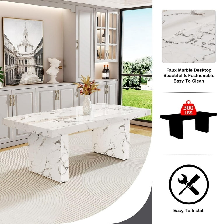 White Marbled Dining Table with Heavy Pillar Legs