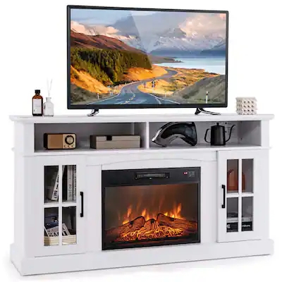White Media Console Mullion Glass Doors Electric Fireplace Heater