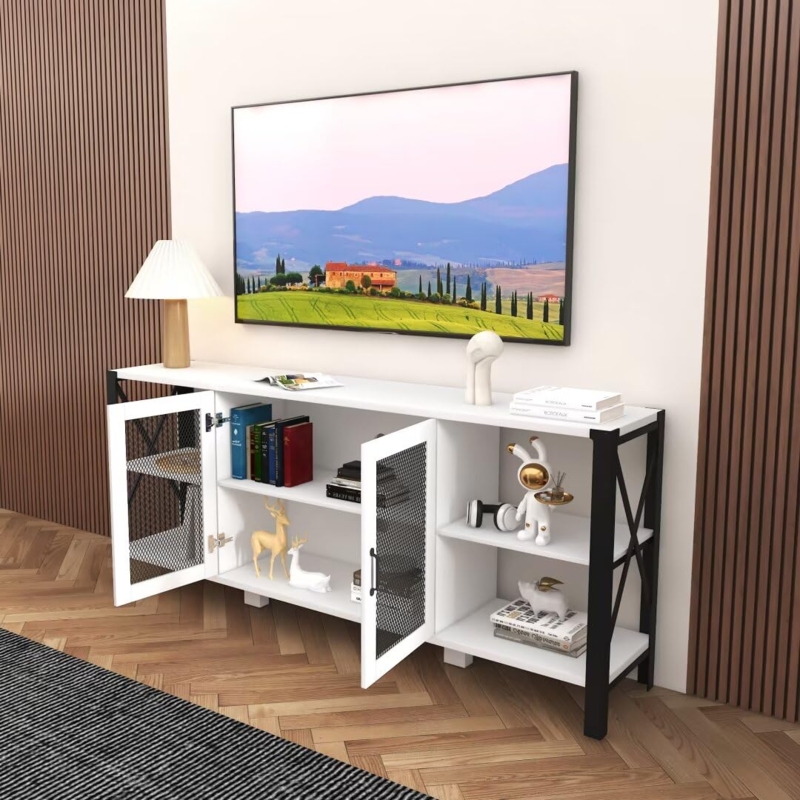 White mesh TV stand with industrial black frame and X-sides.