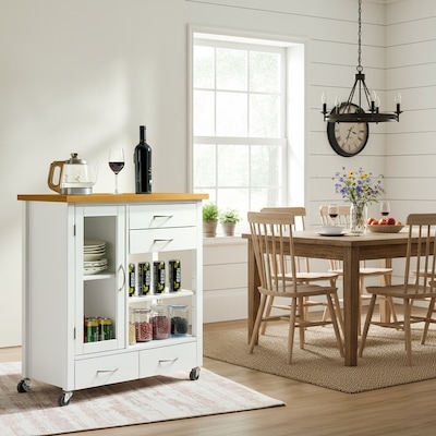 White Mobile Kitchen Island with Glass Front Cabinet